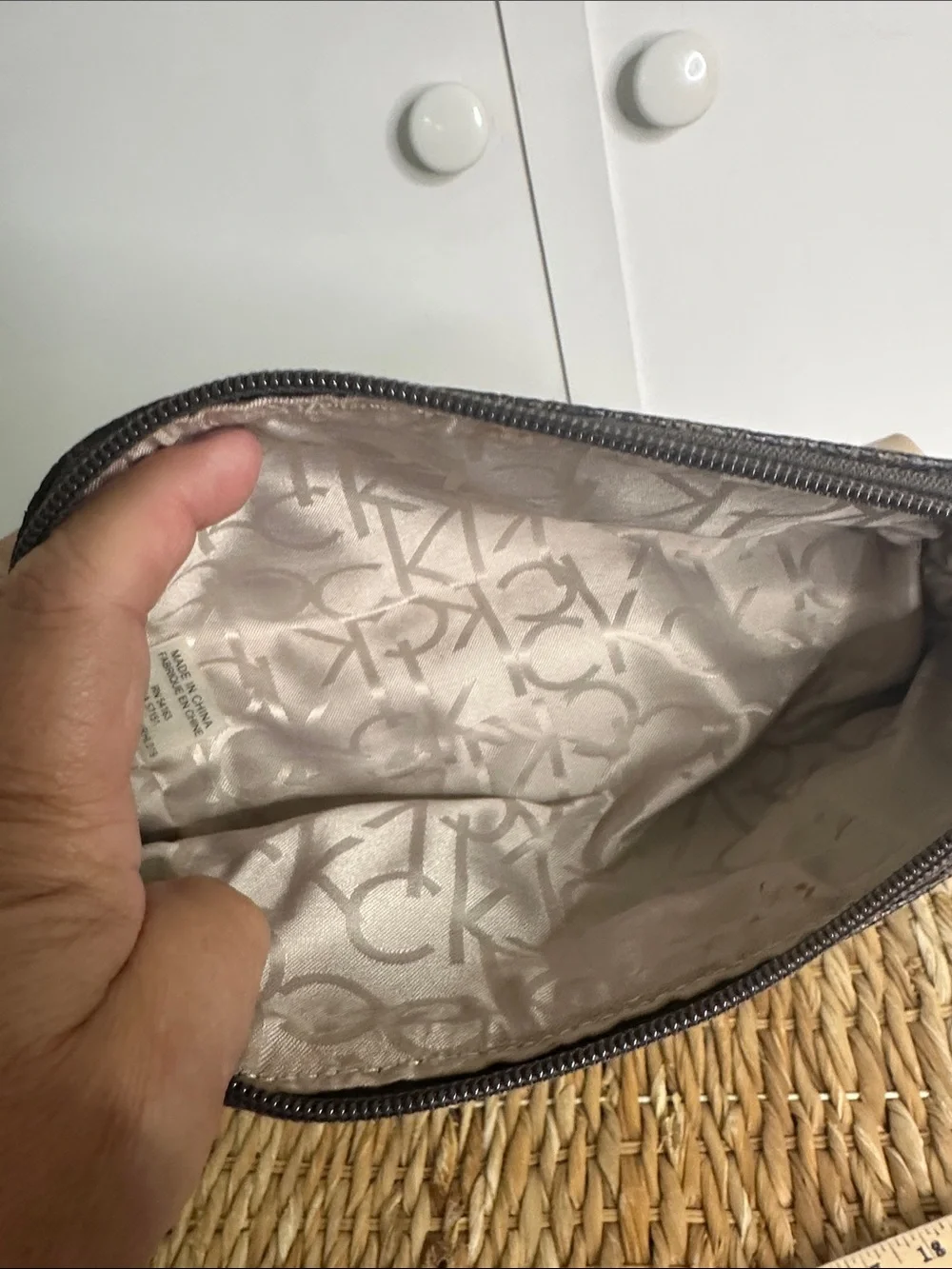 Calvin Klein Brown Monogram Cosmetic Pouch with Mustard Tri